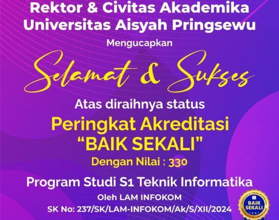Alhamdulillah! The Informatics Engineering Study Program at Universitas Aisyah Pringsewu has achieved the "BAIK SEKALI (Very Good)" accreditation from LAMINFOKOM